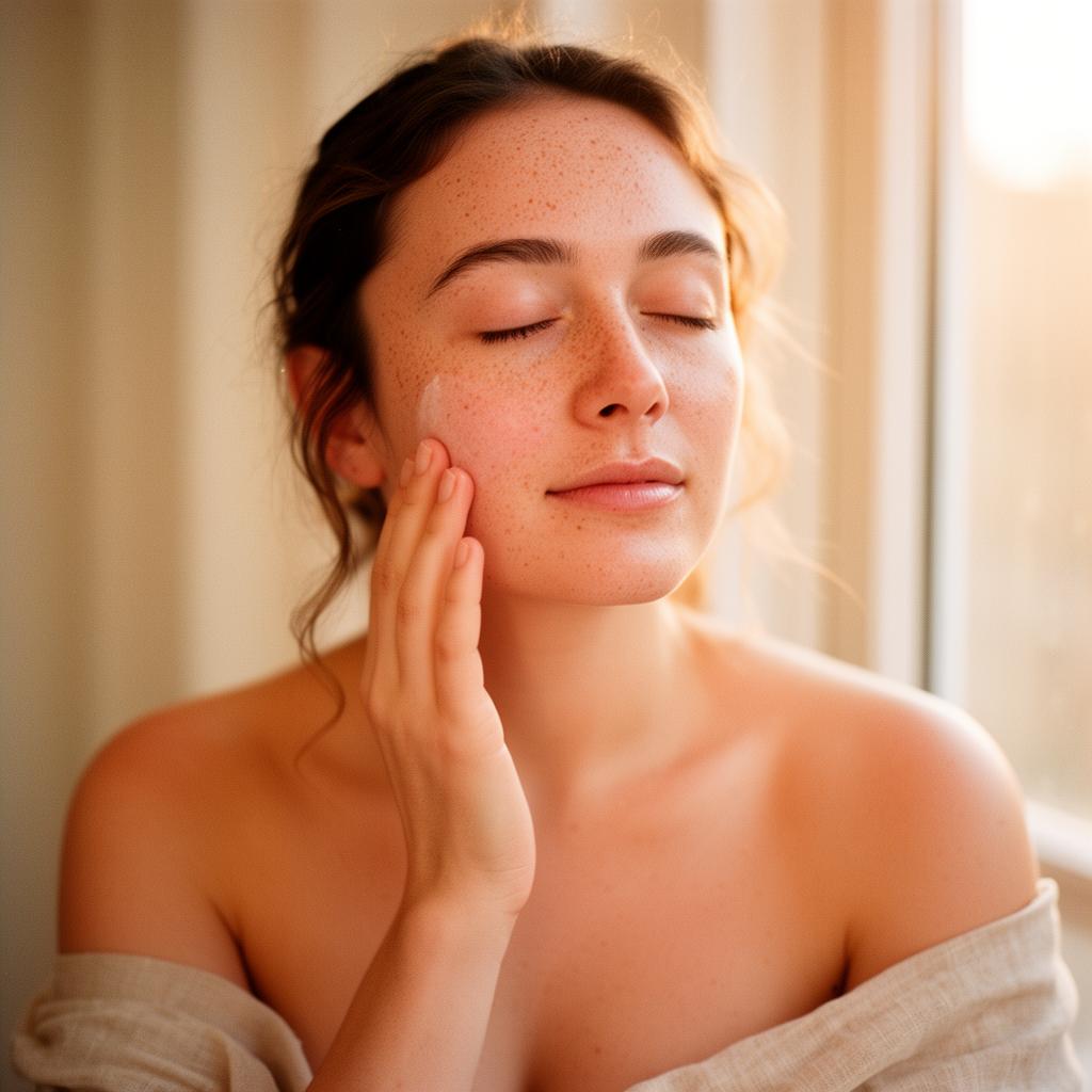 Woman with glowing skin holding Lushy serum